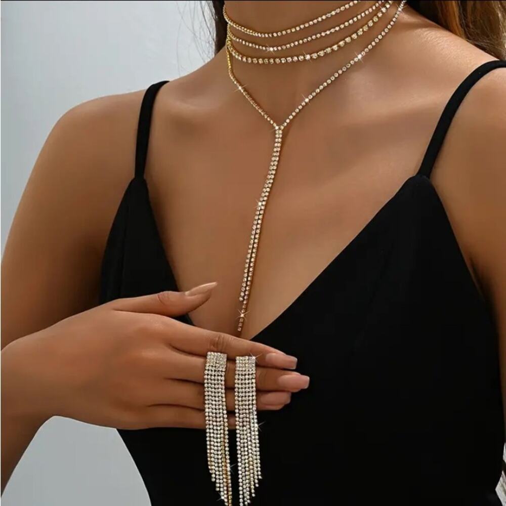 Gold Crystal Y Lariat Choker Matching Earrings Rhinestone Necklace New …